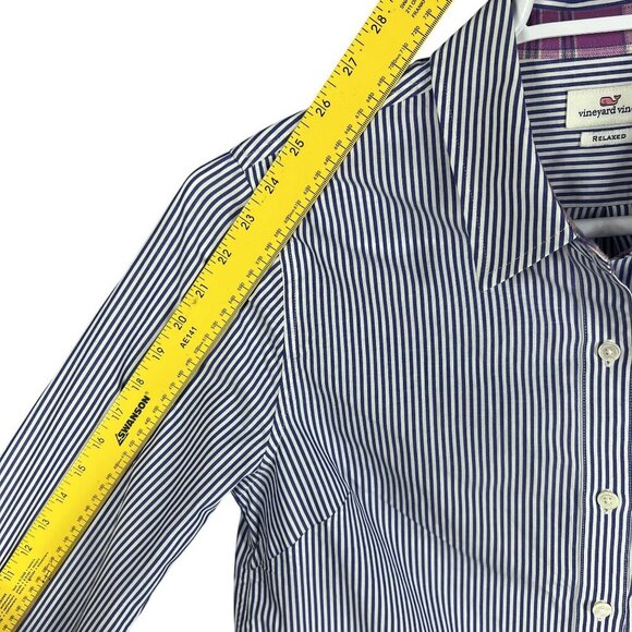 Vineyard Vines Womens 8 Relaxed Fit Purple Striped Button Up Shirt Plaid Pocket - Picture 11 of 15